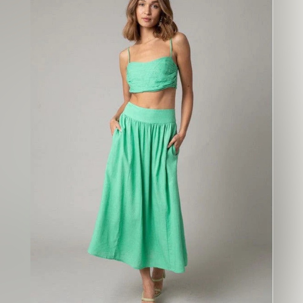 Linen Two Piece Skirt Crop Top Set Olivaceous